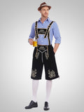 Blaues Oberteil + schwarze Hose + brauner Hut